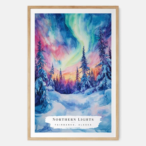 Northern Lights Fairbanks Alaska Watercolor Snowy Pines Night Poster