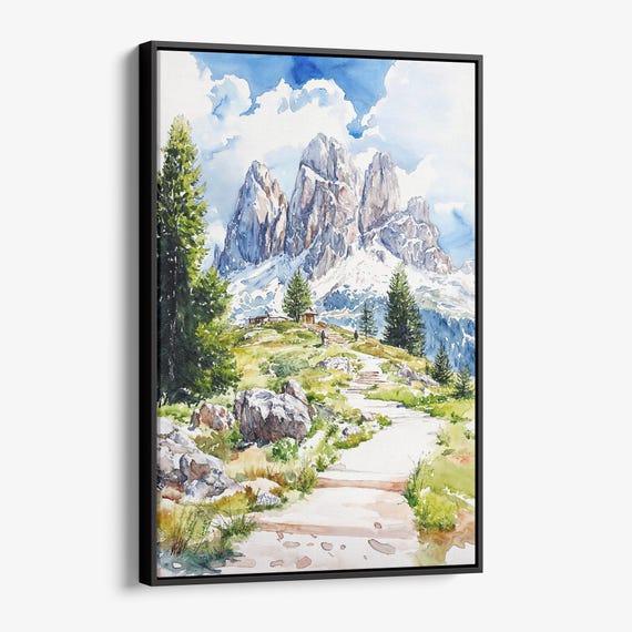 Dolomites Hiking Canvas Print Scenic Watercolor Landscape Wall Art