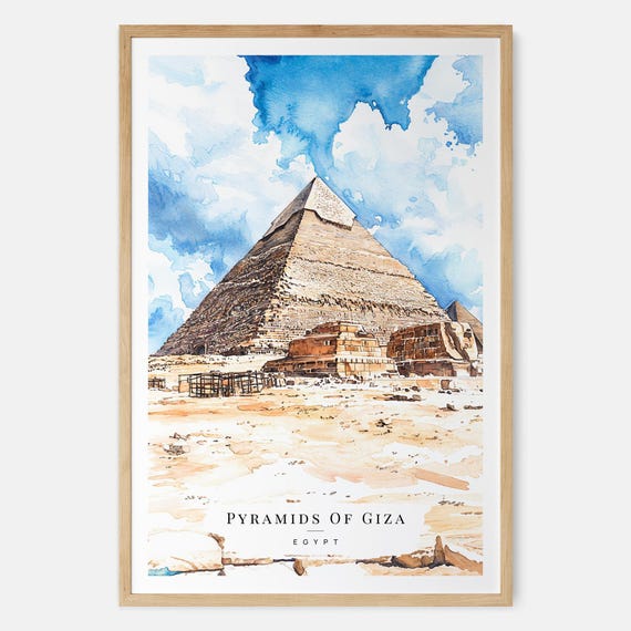 Pyramids Of Giza Watercolor Art Print World Wonder Wall Egypt Travel Gift Office Decor Moving New Home
