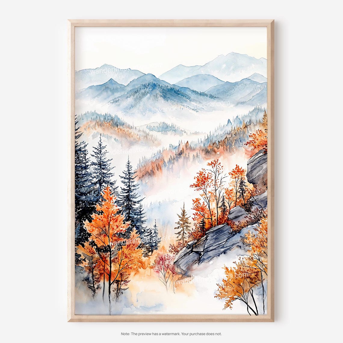 Autumn Mountain Mist Orange Fall Trees Watercolor Landscape Poster