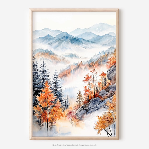 Autumn Mountain Mist Orange Fall Trees Watercolor Landscape Poster