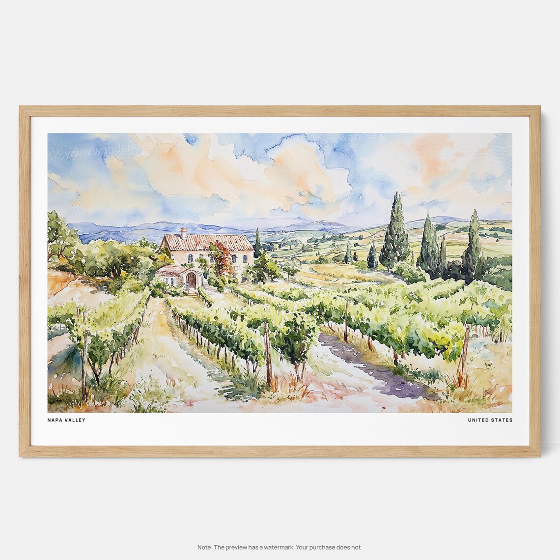 Napa Valley Vineyard Farmhouse Watercolor Wine Country Scene Poster
