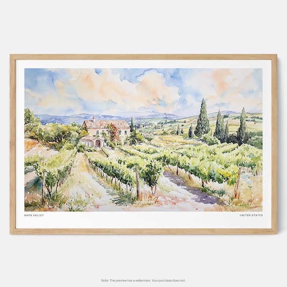 Napa Valley Vineyard Farmhouse Watercolor Wine Country Scene Poster