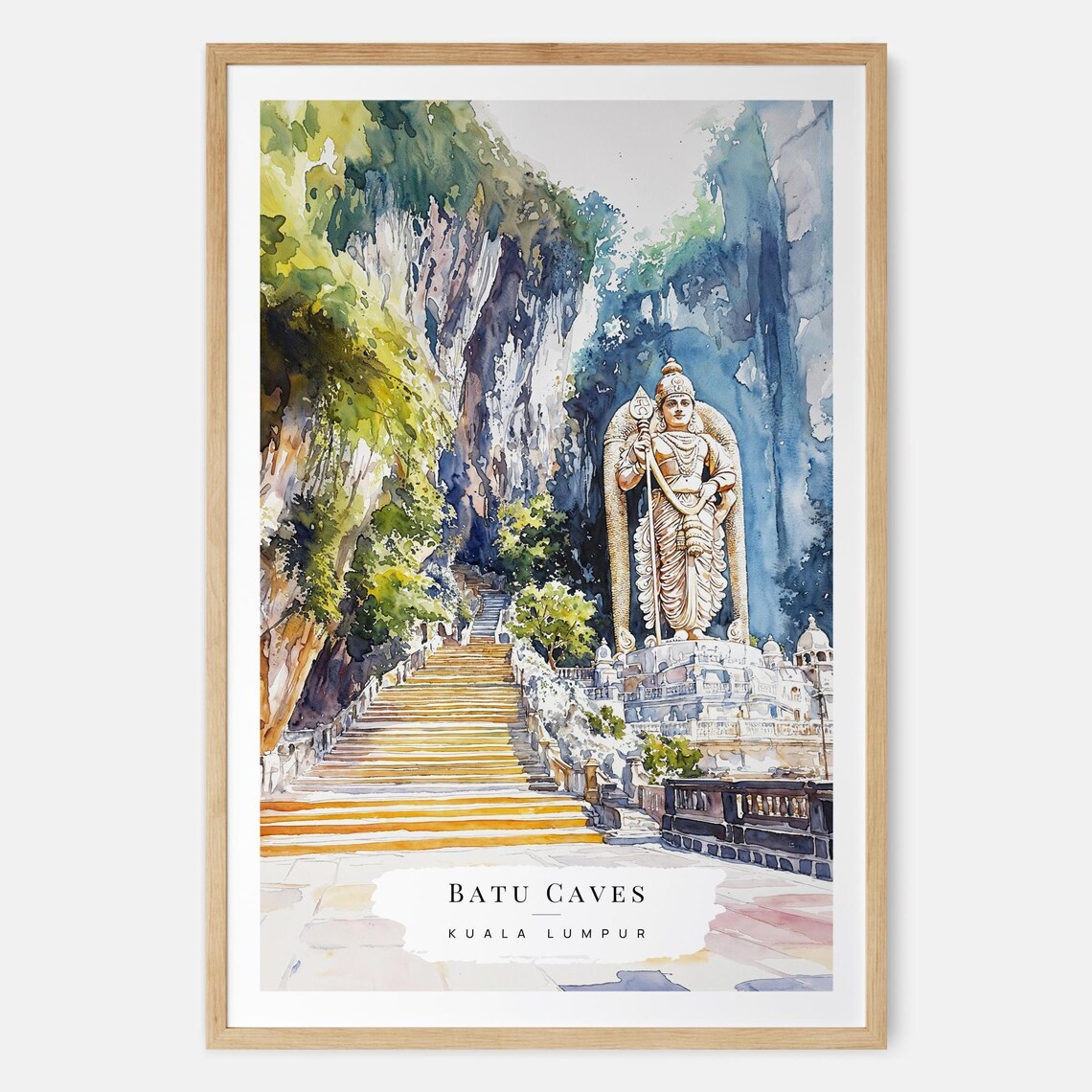 Batu Caves Kuala Lumpur Malaysia Watercolor Landmark Travel Poster