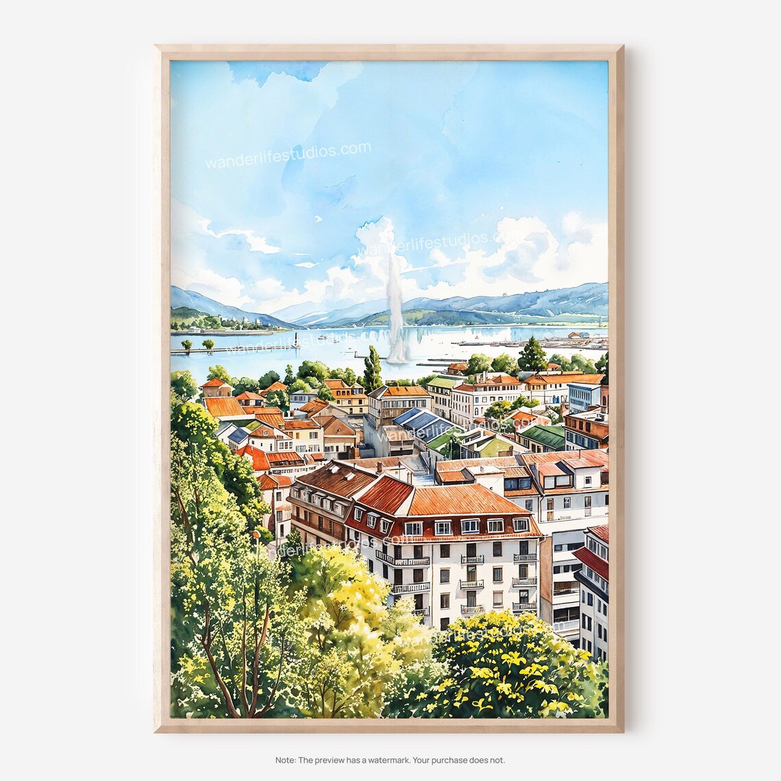 Geneva Lake Waterfront Jet dEau Fountain Watercolor Painting Print