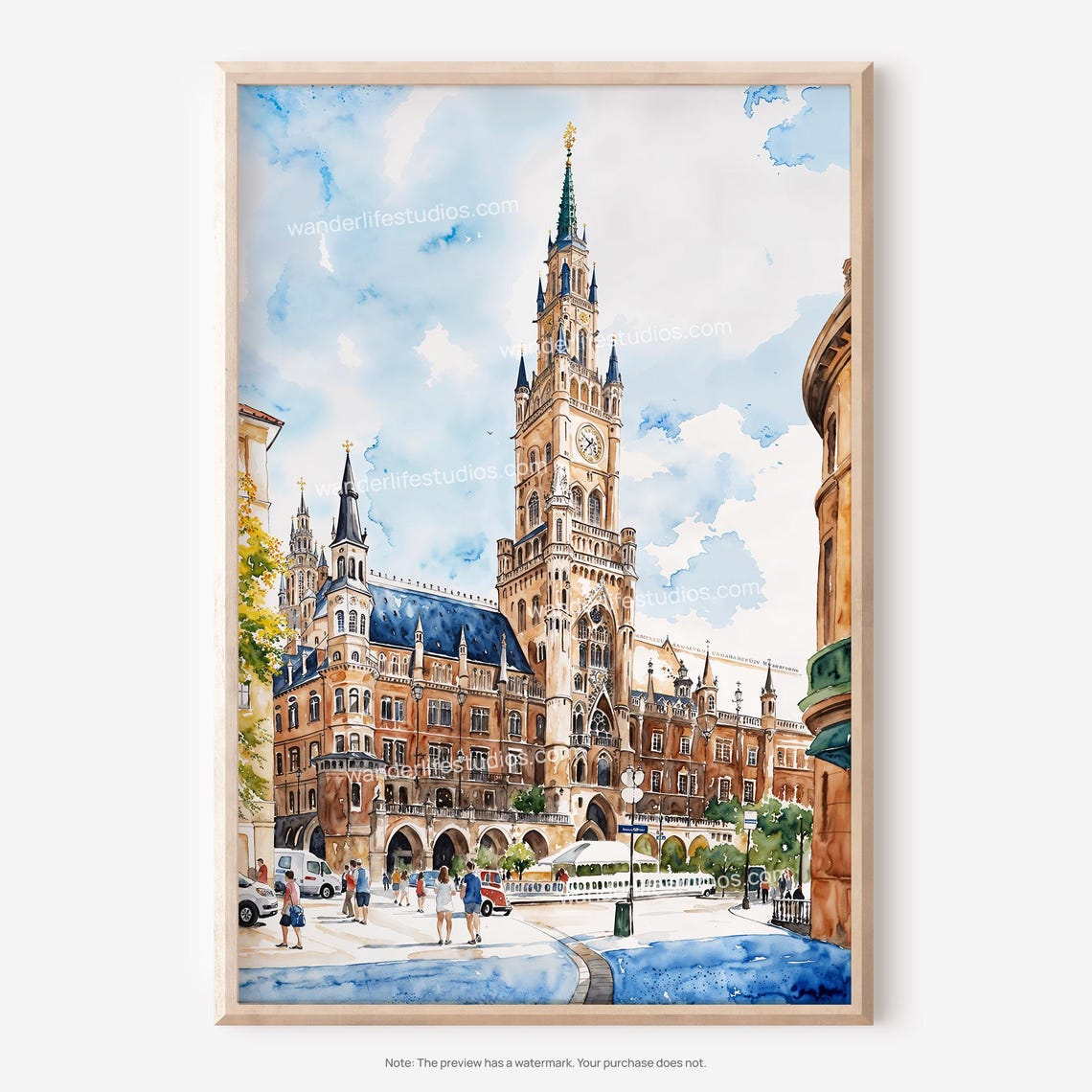 Munich Marienplatz New Town Hall Clock Tower Watercolor Poster