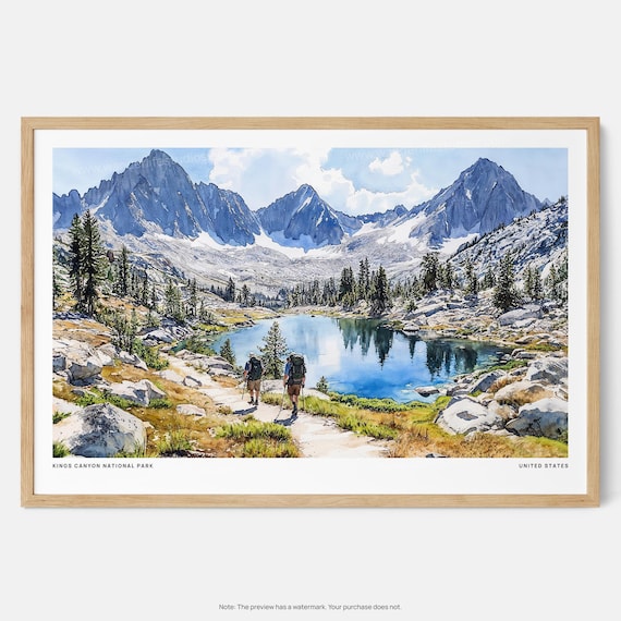 Kings Canyon National Park Hikers Alpine Lake Watercolor Travel Poster