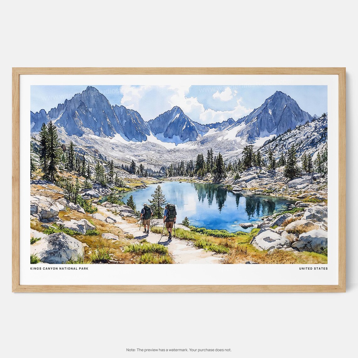 Kings Canyon National Park Hikers Alpine Lake Watercolor Travel Poster