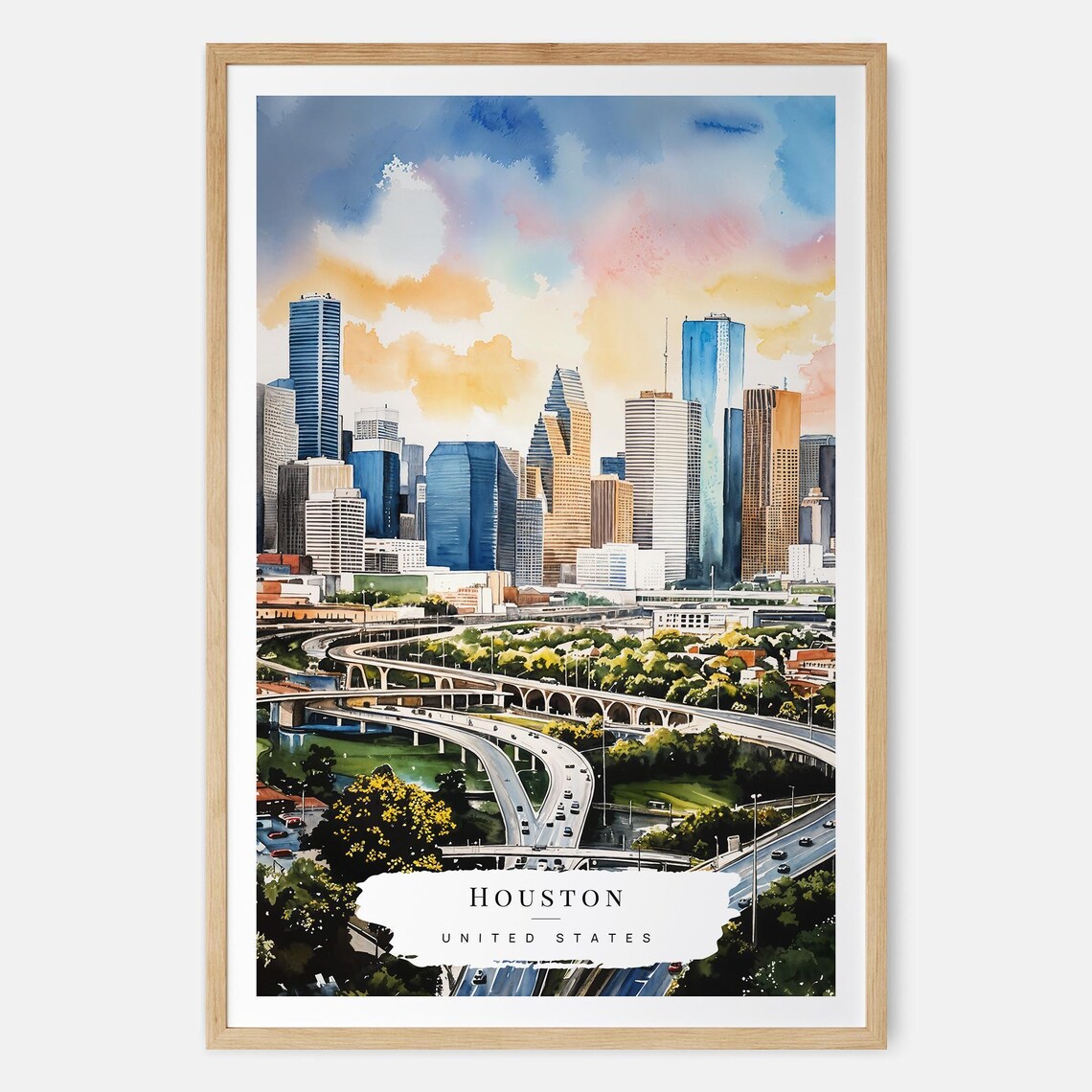 Houston Texas Skyline Watercolor Art Print