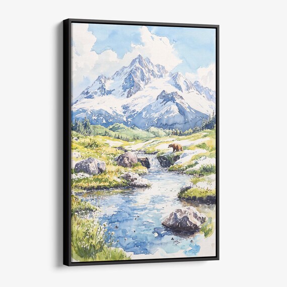 Katmai National Park Alaska Brown Bear Mountain Stream Watercolor Poster