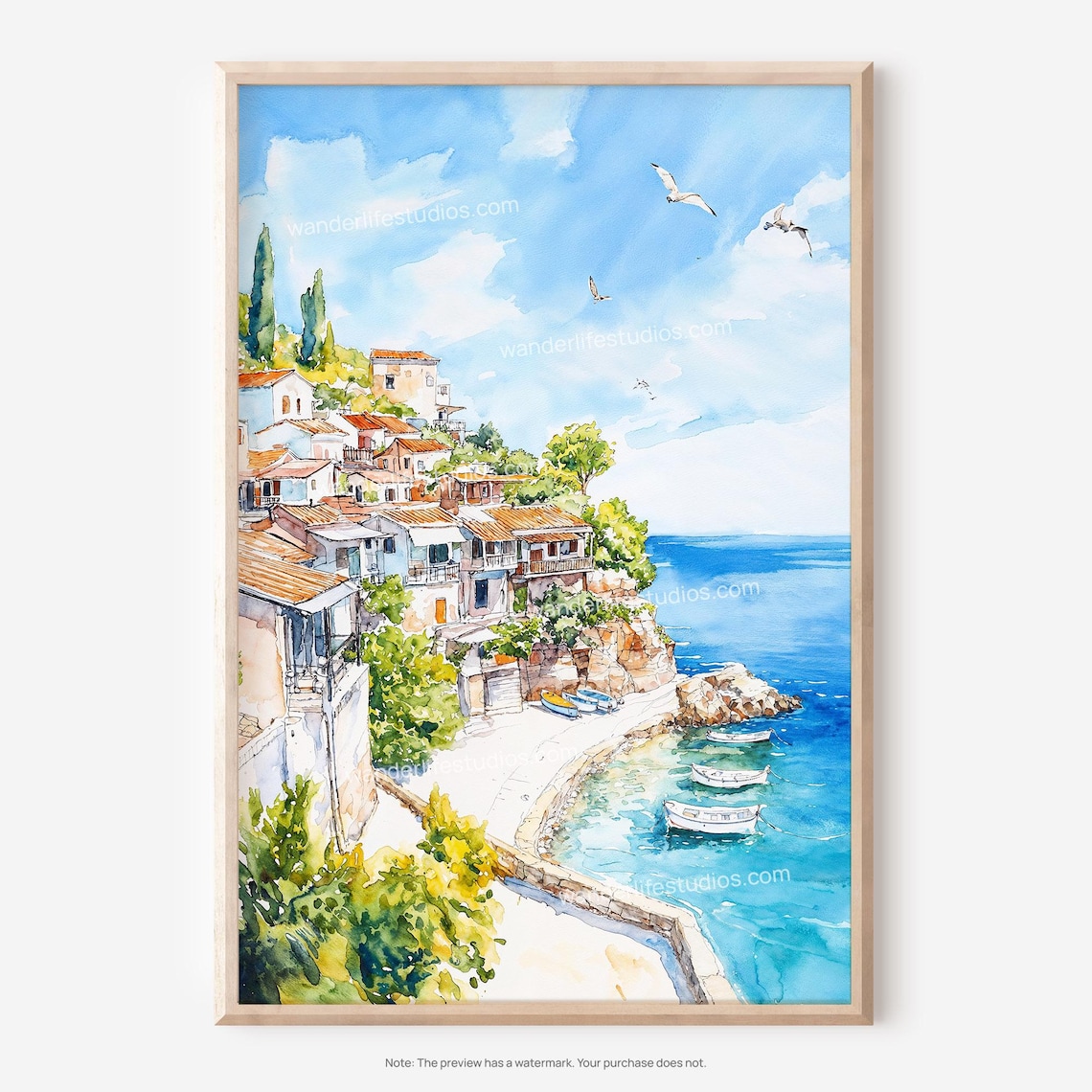 Sicily Italy Coastal Village Fishing Boats Watercolor Seascape Poster