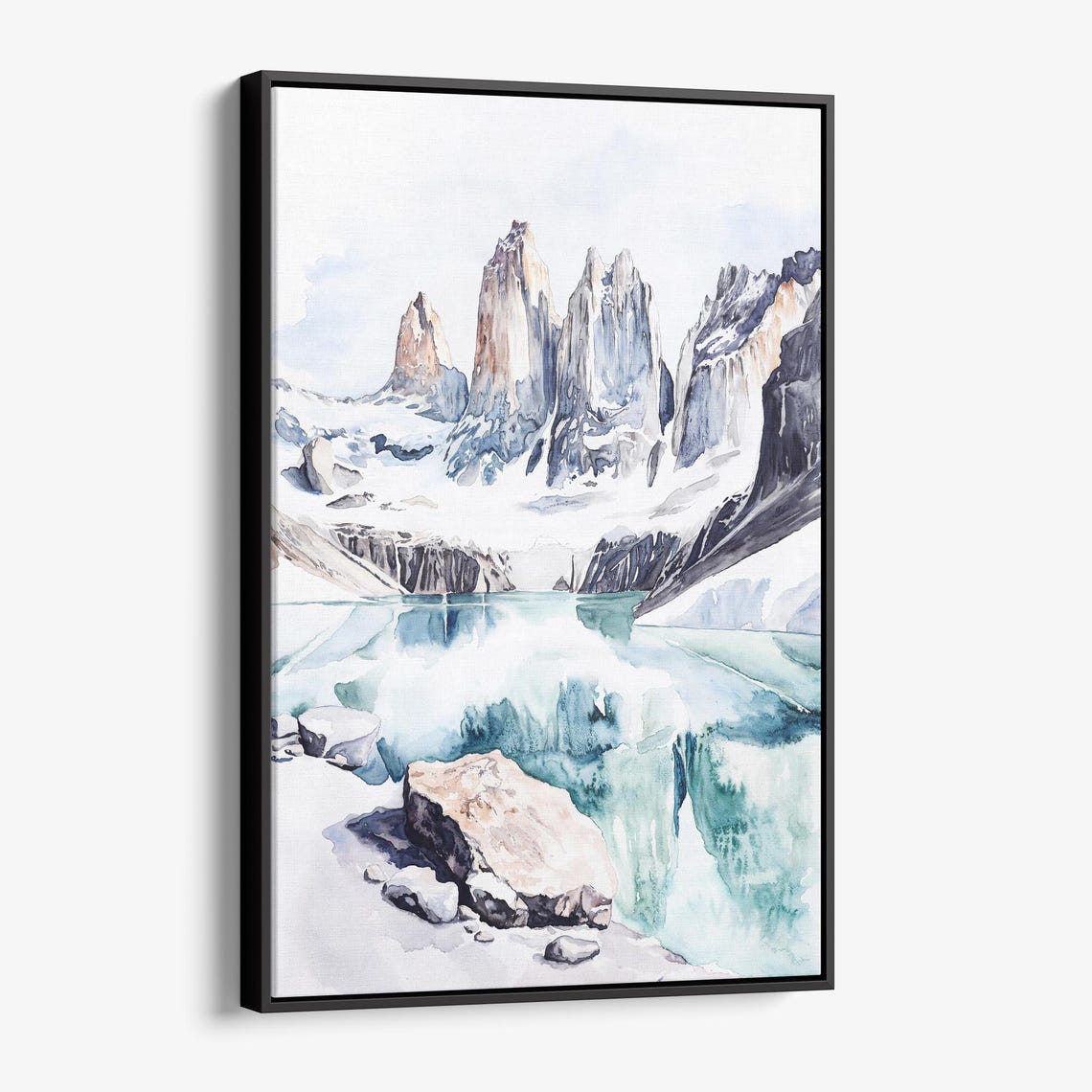 Granite Towers Turquoise Lake Watercolor Mountain Reflection Poster