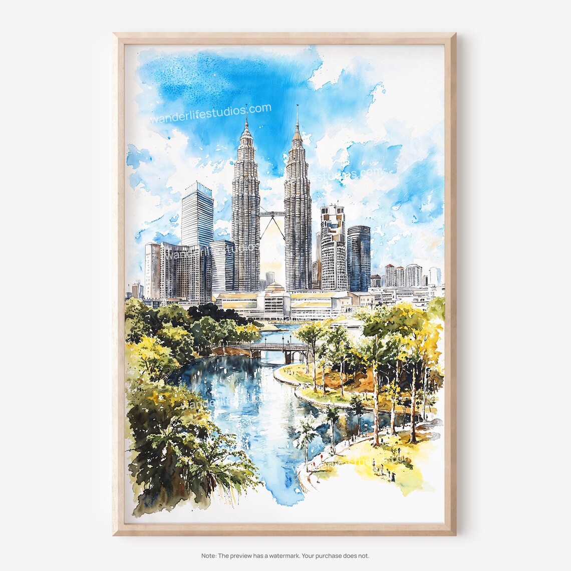 Petronas Towers Kuala Lumpur Skyline Watercolor Travel Poster