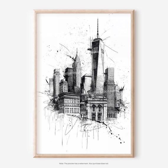 One World Trade Center New York City Pencil Sketch Skyline Poster