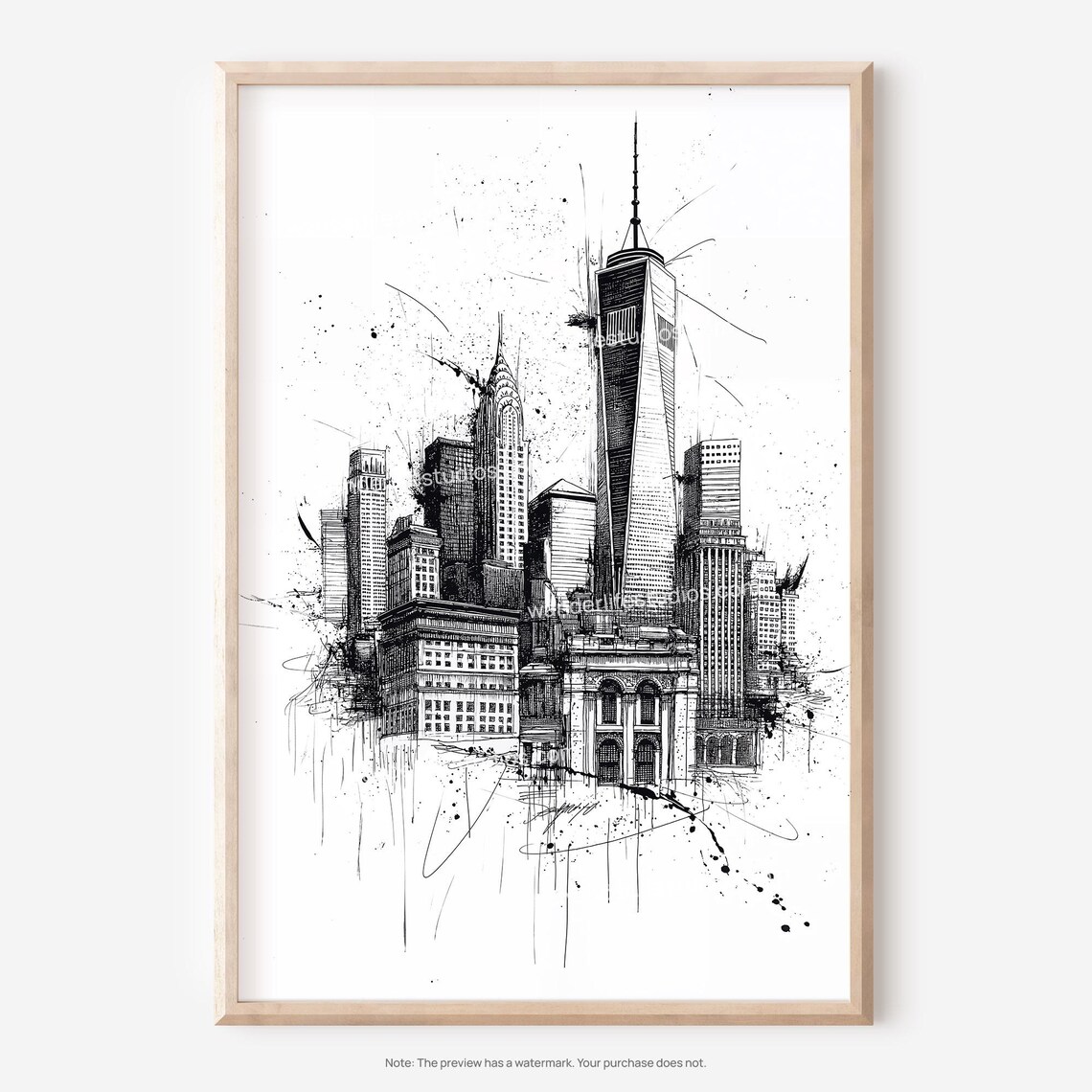One World Trade Center New York City Pencil Sketch Skyline Poster