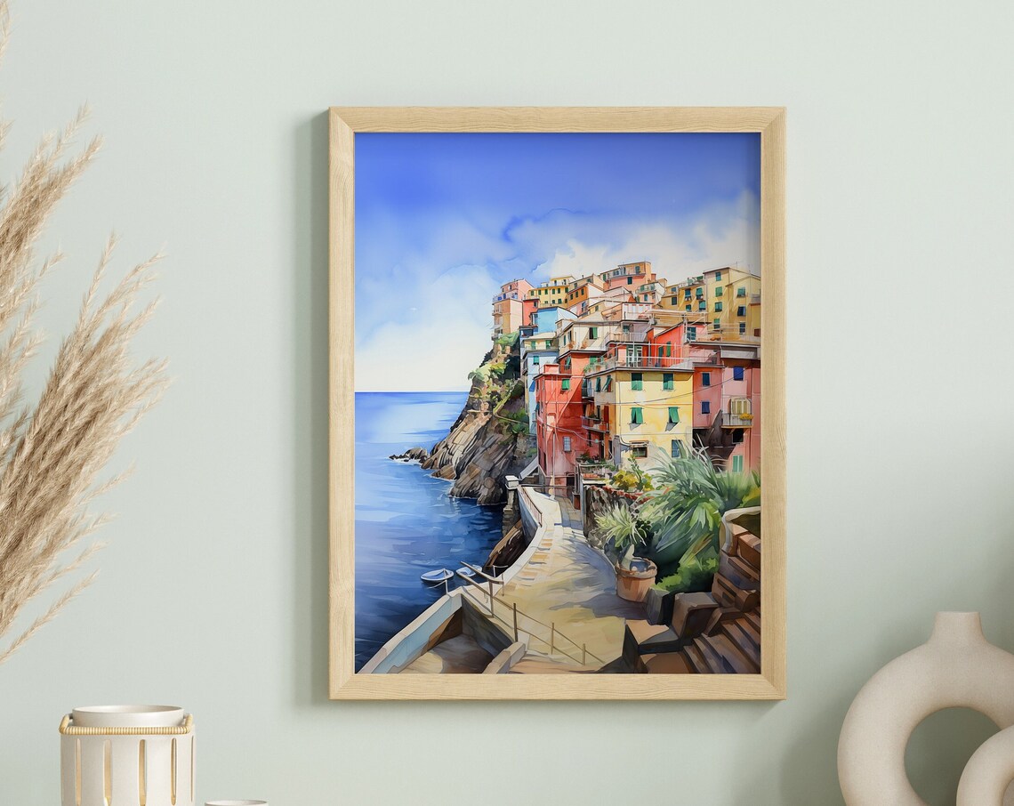 Cinque Terre Italy Watercolor Colorful Cliffside Village Travel Poster - Image 2