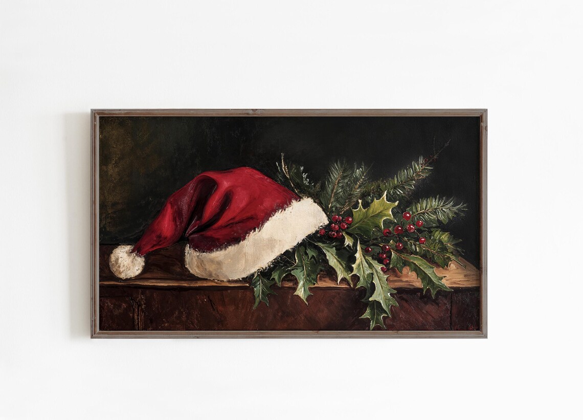 Vintage Santa Hat Holly Christmas Still Life Oil Painting Poster - Image 4