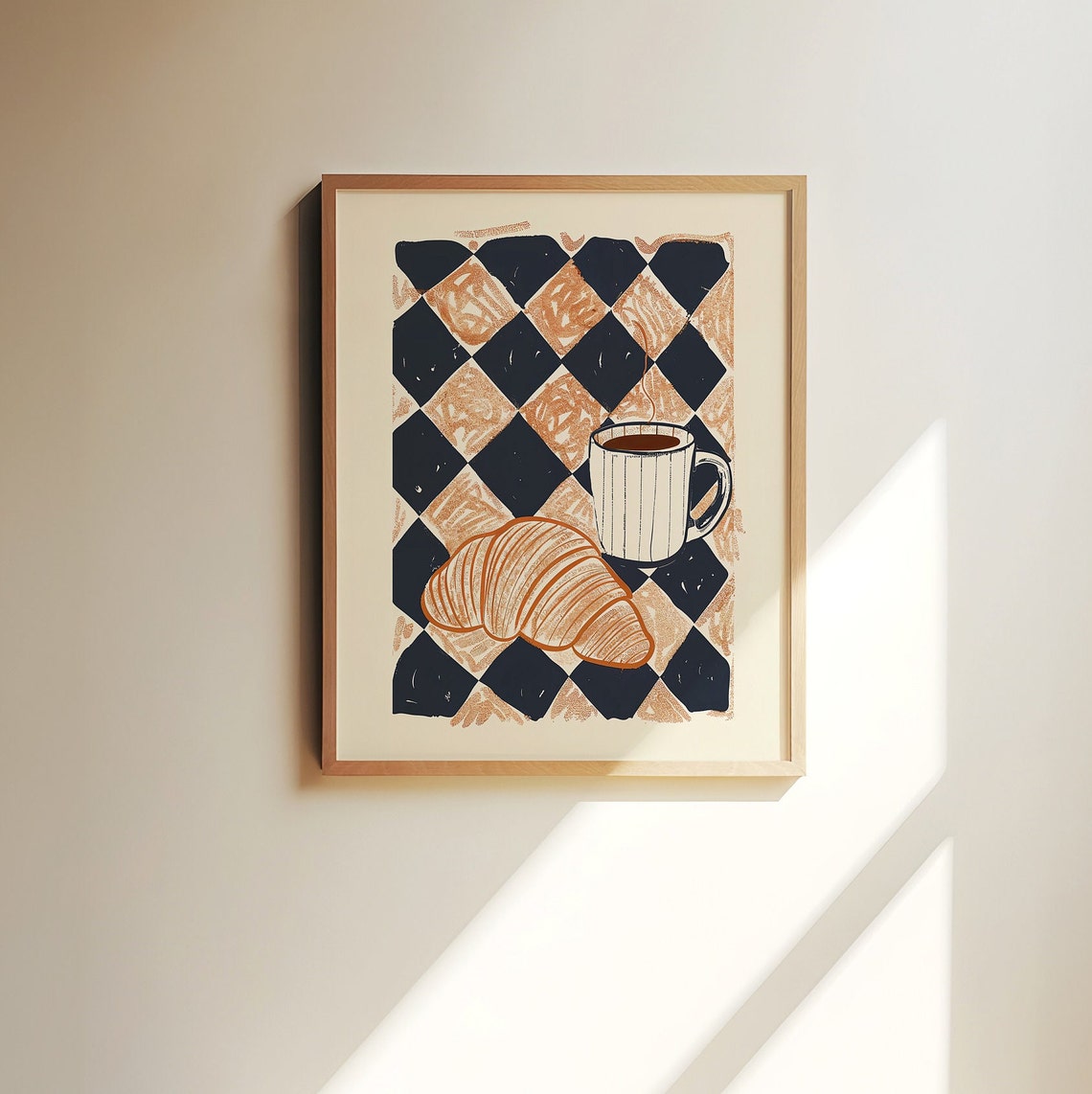 Retro Croissant and Coffee Cup on Checkered Kitchen Art Poster - Image 2