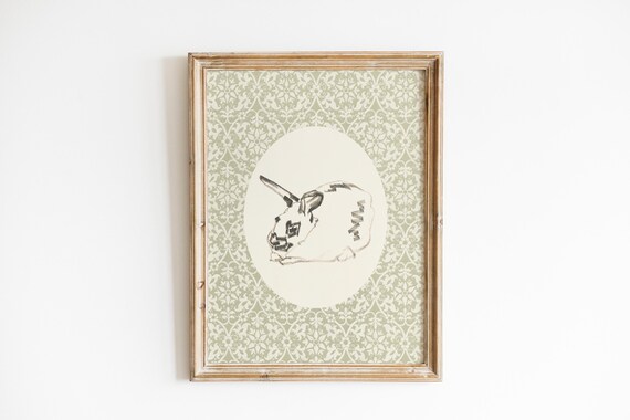 Cute Rabbit Sketch Oval Medallion Sage Green Damask Wall Art