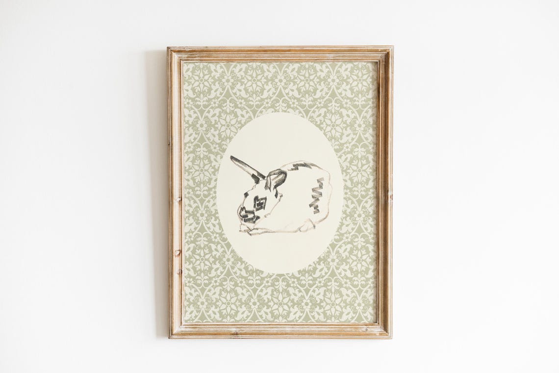 Cute Rabbit Sketch Oval Medallion Sage Green Damask Wall Art