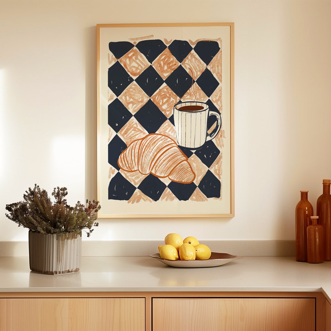 Retro Croissant and Coffee Cup on Checkered Kitchen Art Poster - Image 4