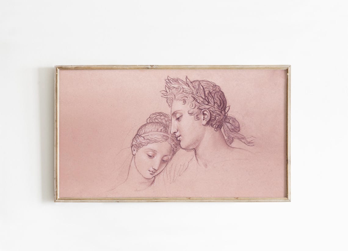 Vintage Classical Couple Sketch Pink Laurel Wreath Portrait Poster - Image 4