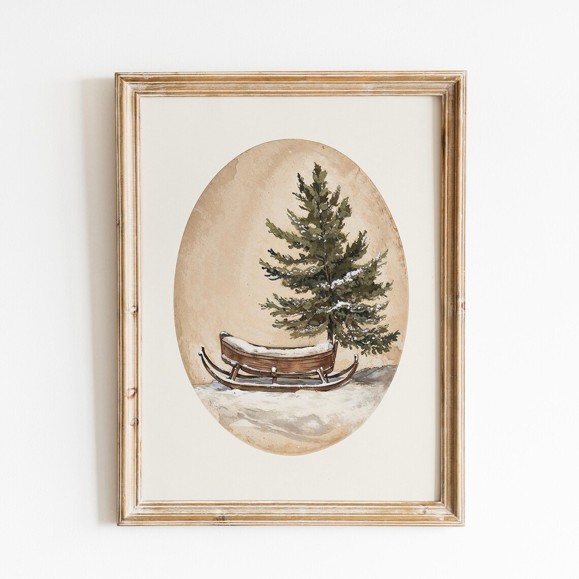 Rustic Vintage Wooden Sleigh Snow Pine Oval Christmas Art Poster