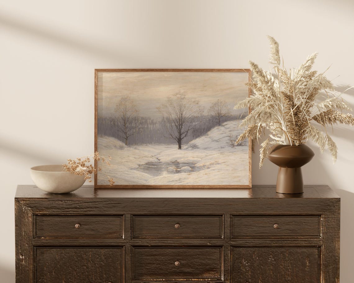 Serene Winter Forest Snowy Stream Landscape Vintage Painting Poster - Image 3