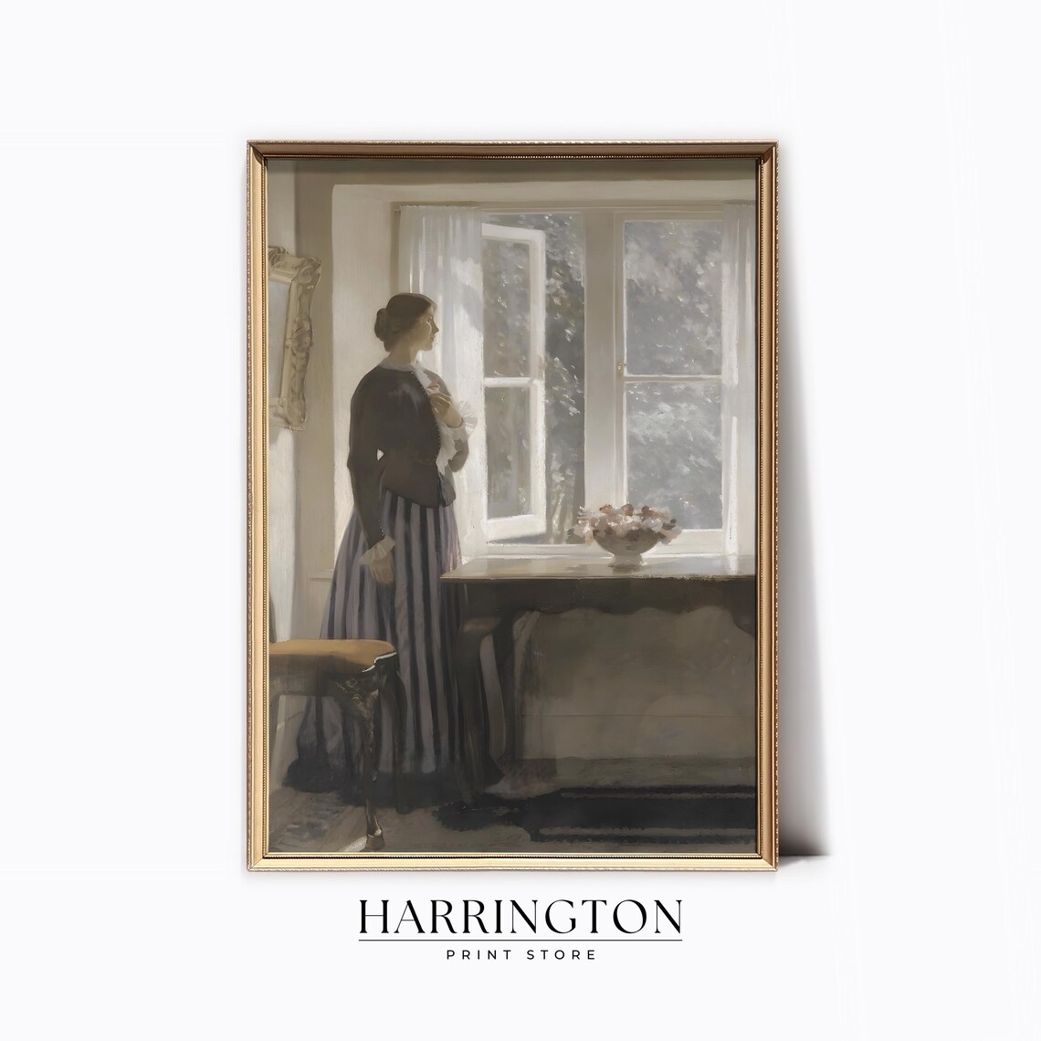 Woman by Sunlit Window Vintage Interior Painting Antique Art Poster
