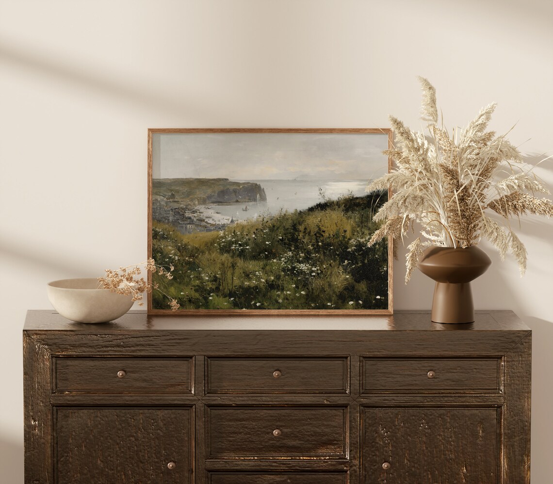 Coastal Cliffs Harbor Town Wildflower Field Vintage Art Poster - Image 4