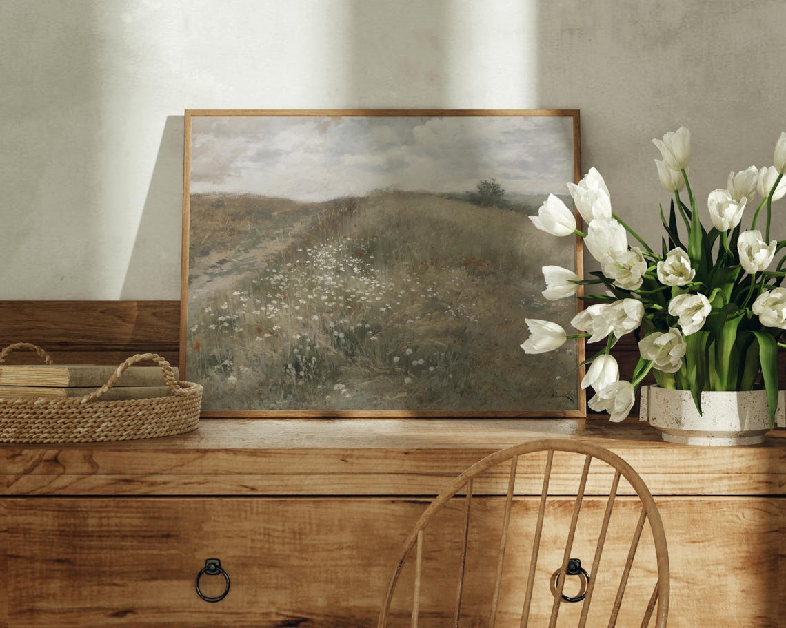 Moody Wildflower Meadow Daisies Muted Vintage Landscape Oil Poster - Image 5