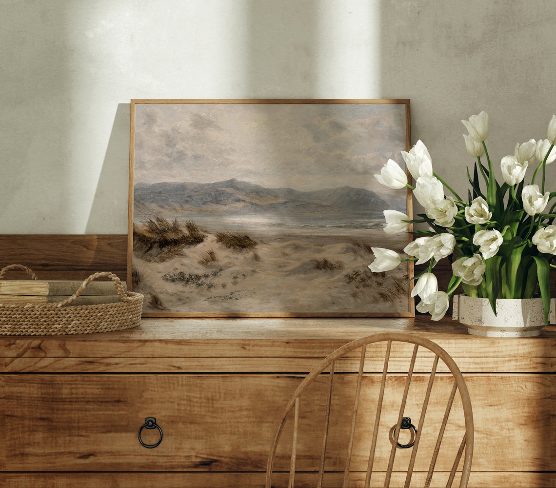 Sandy Dunes Beach Grass Hazy Mountains Neutral Vintage Art Print - Image 4