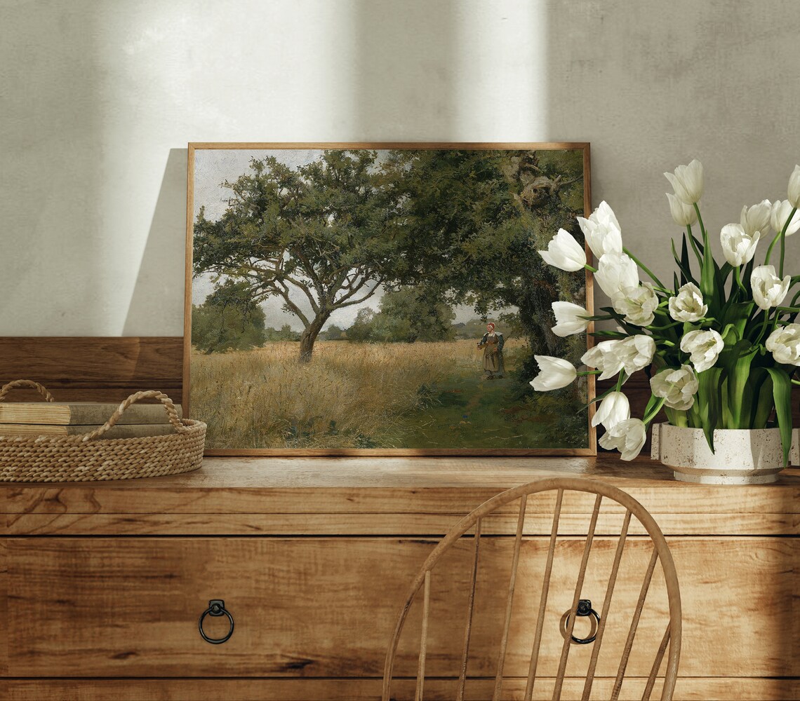 Peasant Woman Wheat Field Big Trees Golden Countryside Vintage Print - Image 3