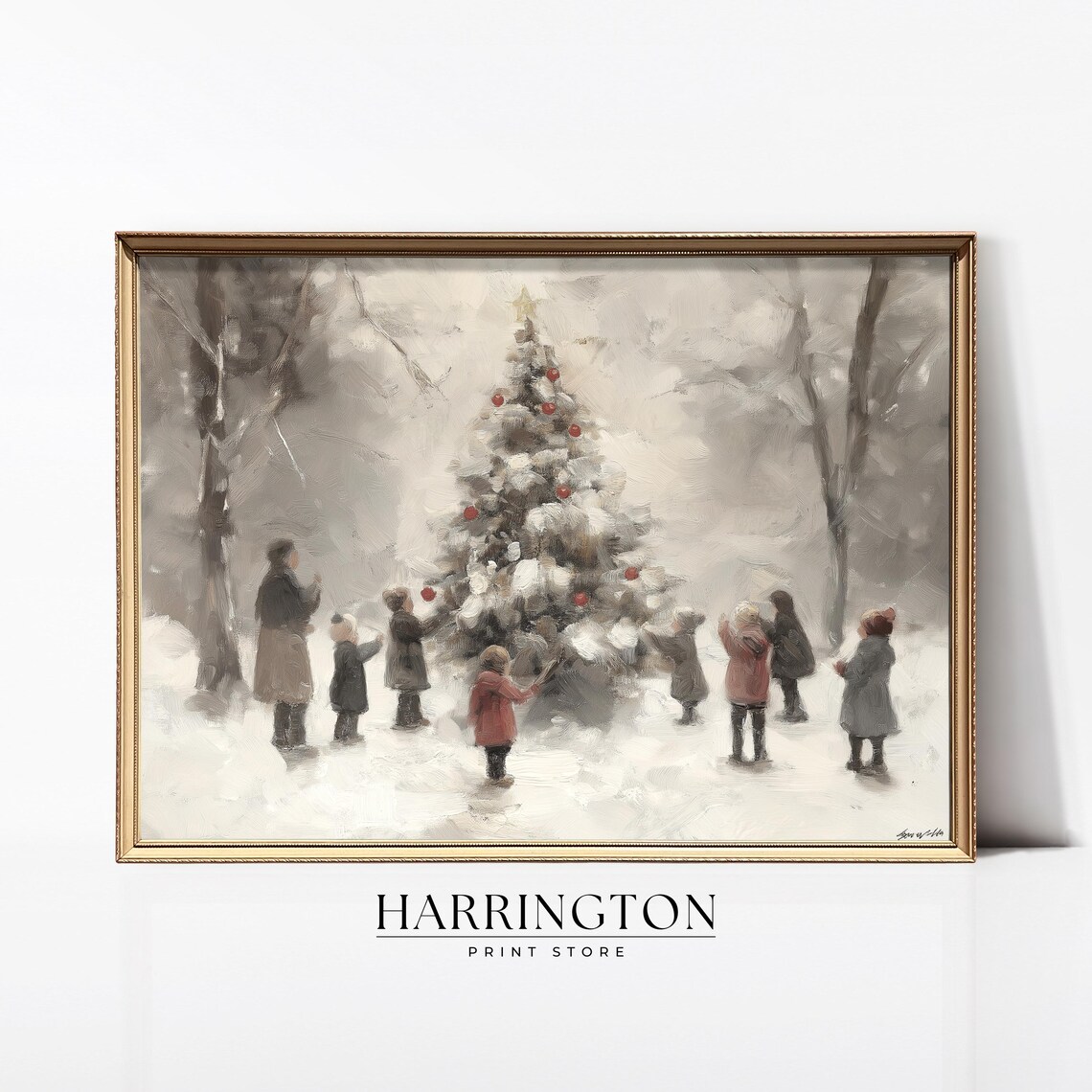 Children Decorating Snowy Christmas Tree Vintage Holiday Art Poster