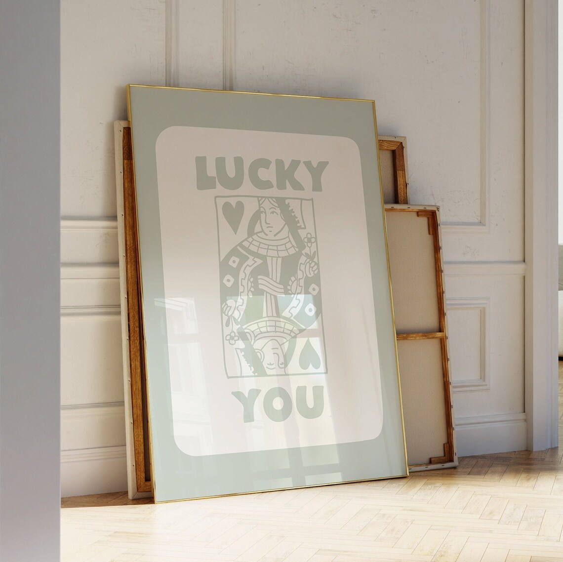Lucky You Queen of Hearts Sage Green Playing Card Trendy Wall Poster - Image 3