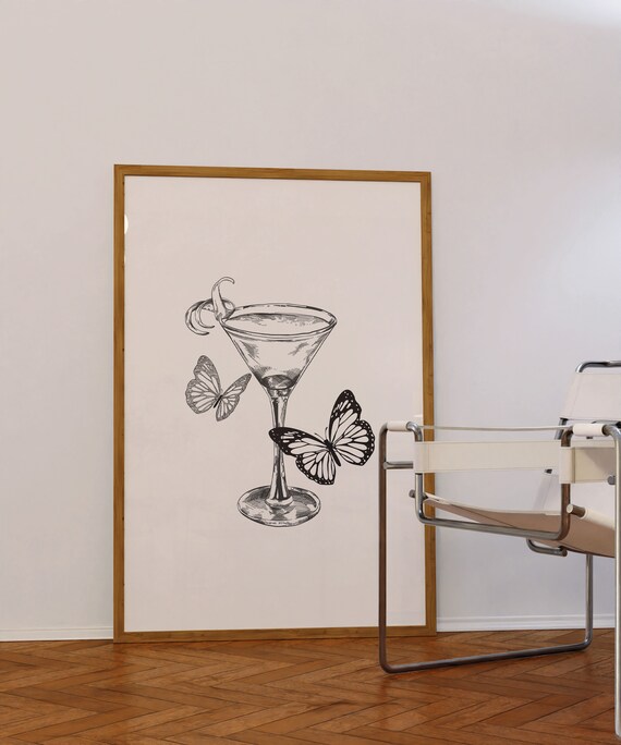 Martini Glass and Butterfly Sketch Trendy Bar Cart Art Poster
