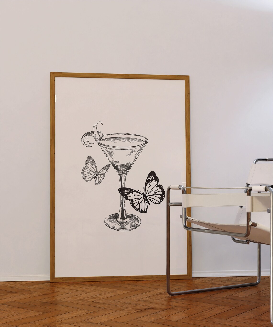 Martini Glass and Butterfly Sketch Trendy Bar Cart Art Poster