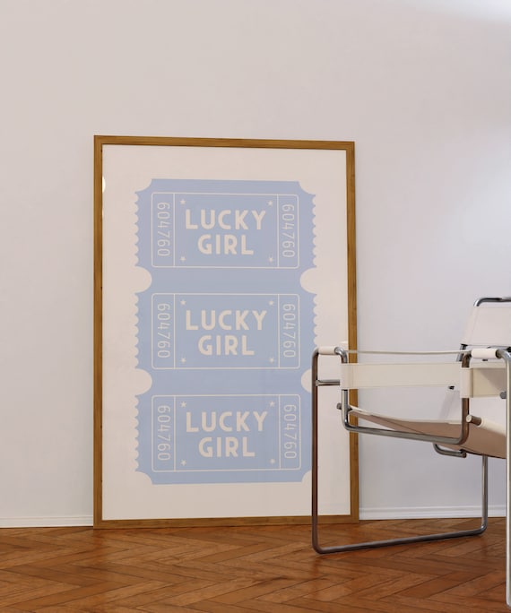 Lucky Girl Ticket Typography Blue Retro Dorm Room Wall Art Decor