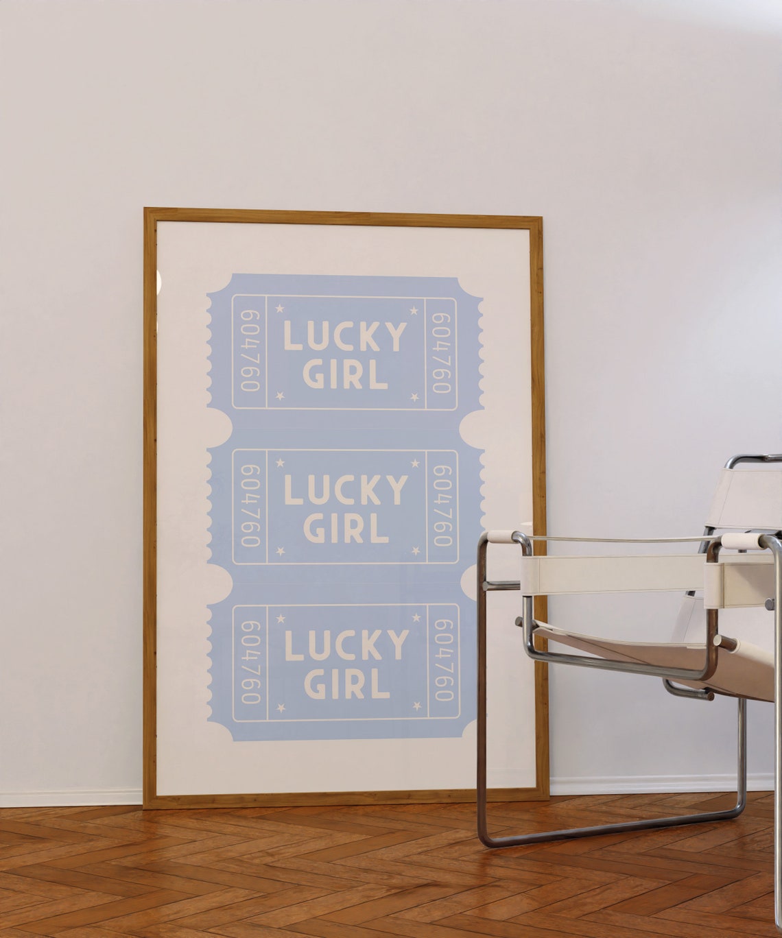 Lucky Girl Ticket Typography Blue Retro Dorm Room Wall Art Decor