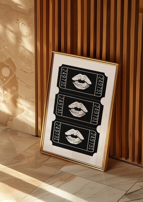 Black And White Lipstick Kiss Tickets Retro Dorm Room Decor Art Print