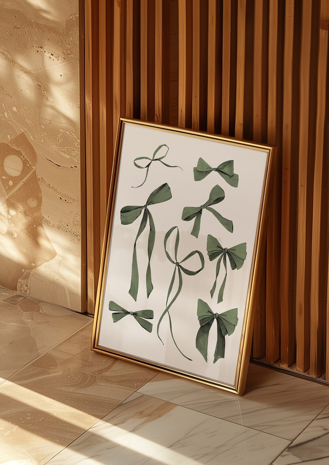 Sage Green Ribbon Bows Watercolor Pattern Art Poster Nursery Decor