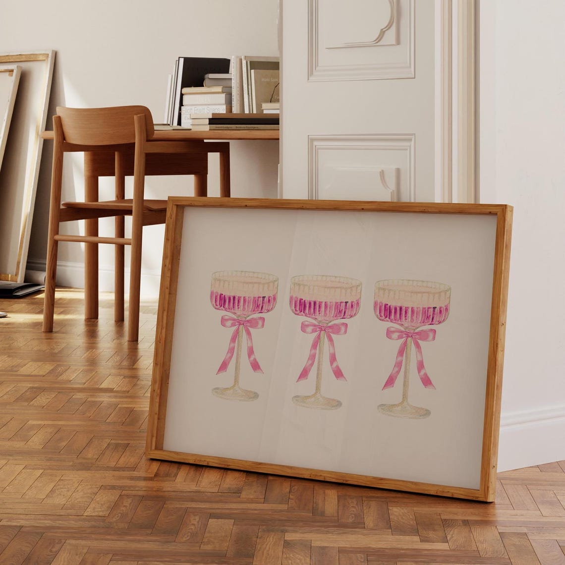 Pink Cocktail Glasses with Bows Vintage Bar Cart Girly Wall Art - Image 2