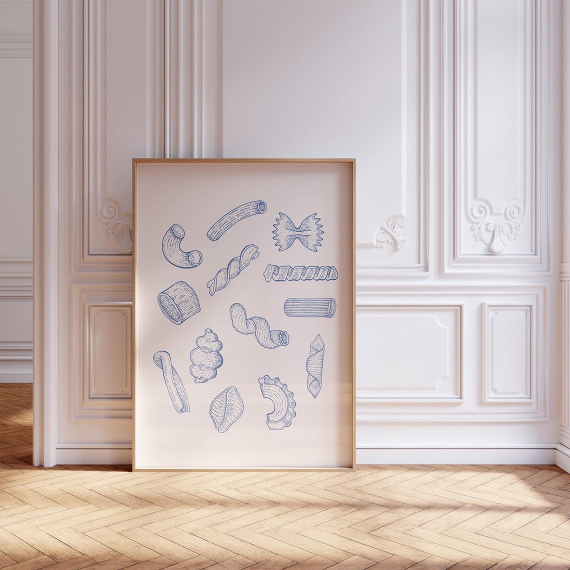 Blue Pasta Shapes Line Art Sketch Italian Kitchen Foodie Poster - Image 3