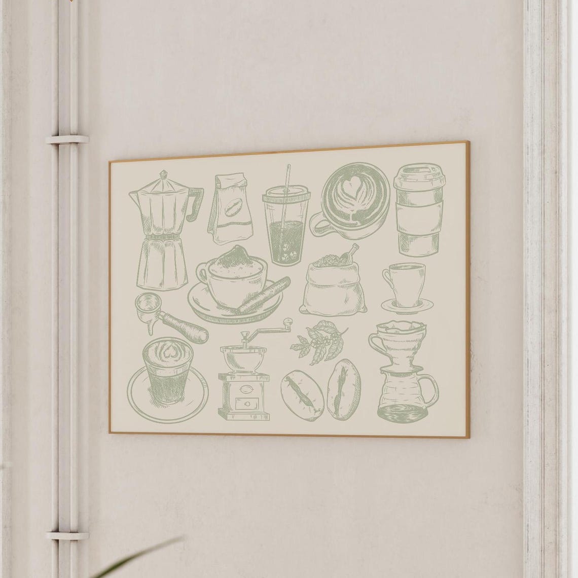Sage Green Coffee Collage Vintage Kitchen Bar Sketch Art Poster - Image 2