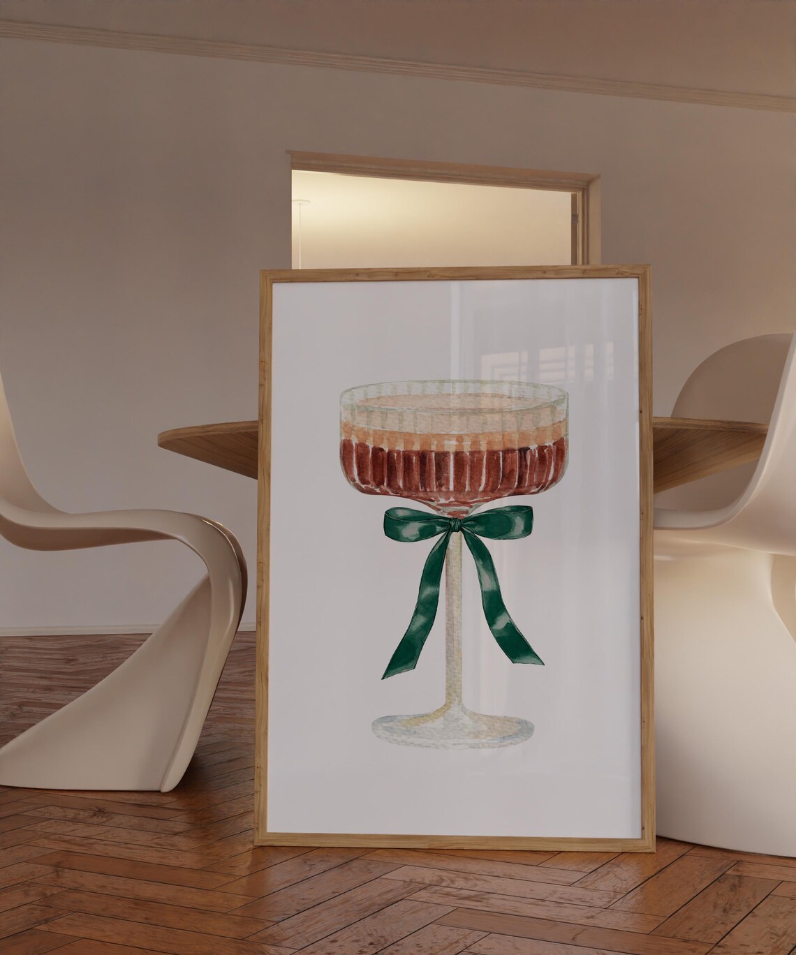 Emerald Green Bow Espresso Cocktail Coupe Watercolor Bar Cart Art Print