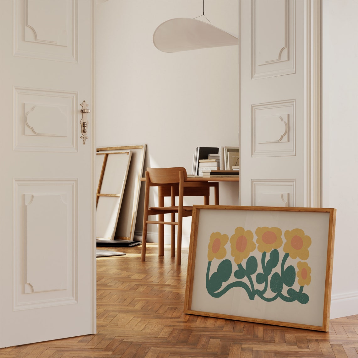 Yellow Daisy Flowers Green Stems Matisse Style Retro Floral Wall Art - Image 2