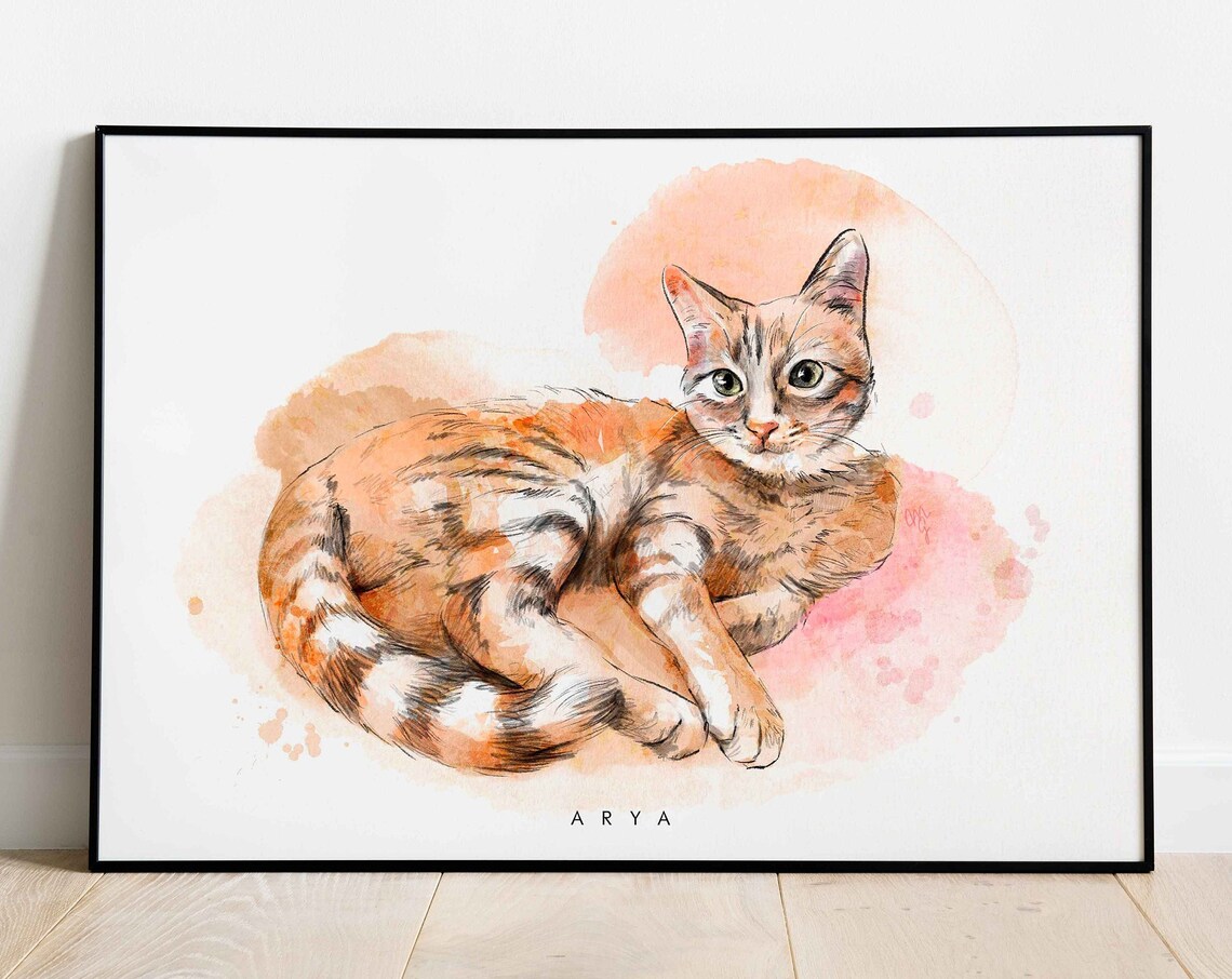 Watercolor Tabby Cat Portrait Custom Pet Painting Memorial Poster