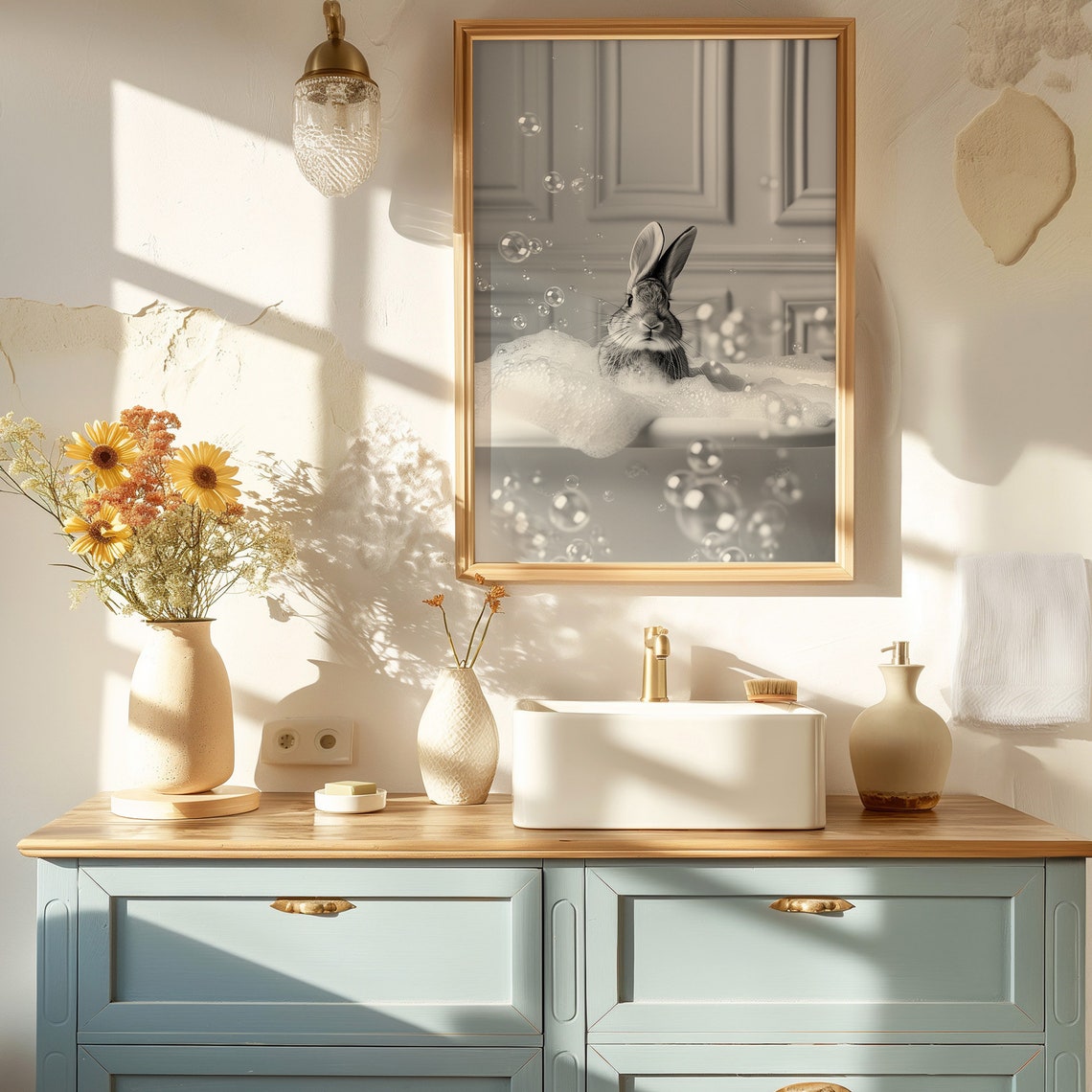 Rabbit Bubble Bath Black White Funny Bathroom Photo Art Poster - Image 4
