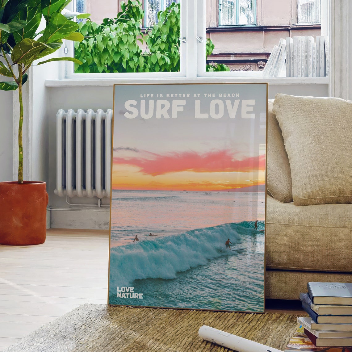 Surf Love Sunset Glow Over Breaking Wave Surfers Ocean Poster - Image 5