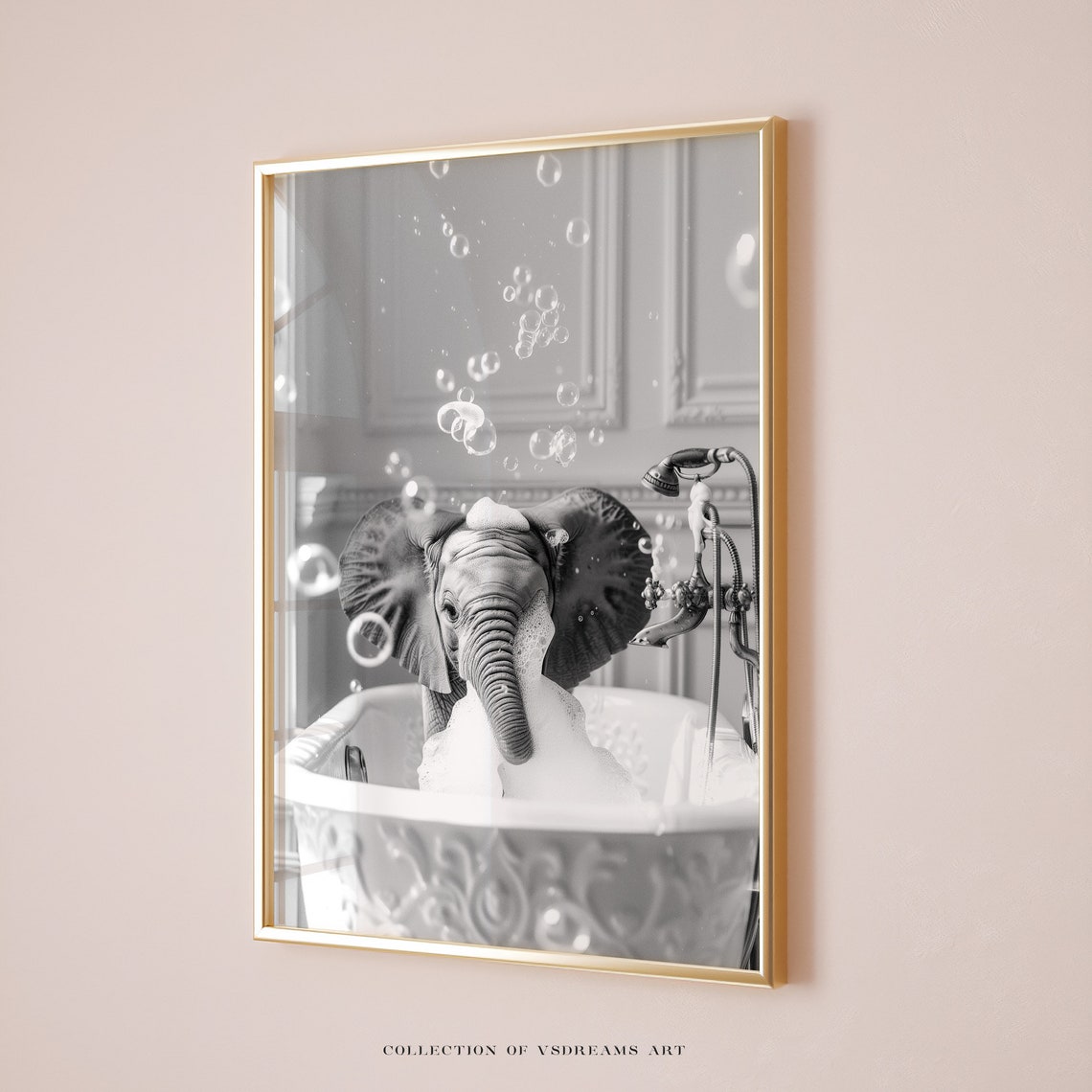 Baby Elephant Bubble Bath Black White Funny Bathroom Photo Poster